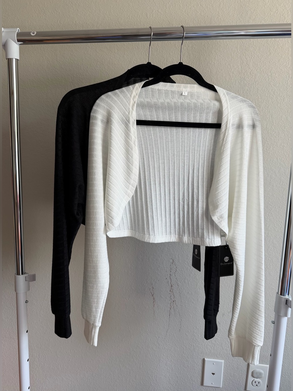 Cropped Open-Front Ribbed Cardigan White & Black Bundle (Large)